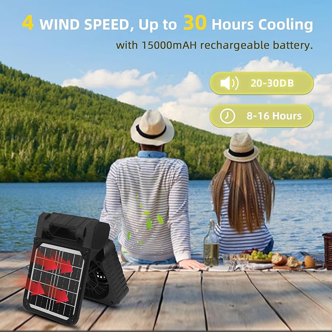 Solar Powered Fan for Camping 20000mAh Portable Rechargeable Solar Camping Fan for Gazebo with LED Light & Timer, 4 Speed Cordless Battery Powered for Outdoor Stay Cooling, Black