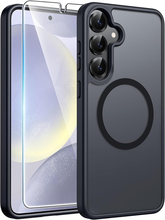 FNTCASE for Samsung Galaxy S25 Case: Samsung Galaxy S24 Phone Case Fit with Magsafe Translucent Matte Case with [Screen Protector] Military Grade Shockproof Protective Phone Cover-Black