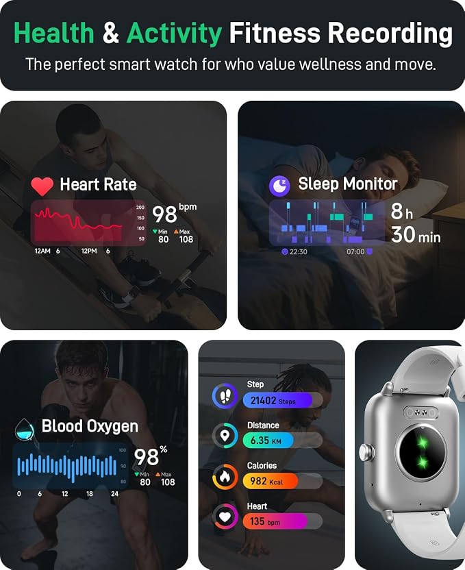 Hingso Smart Watch for Women Men, 1.85" Fitness Tracker for Android/iPhone | Bluetooth Call & Text Alert, Alexa Built-in, 24/7 Heart Rate/SpO2/Sleep/Cycles Monitor, 120+ Sports, IP68 Waterproof, 2 Bands