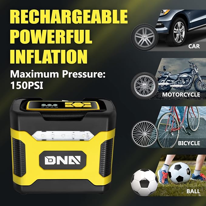 ‎DNA MOTORING TOOLS-00211 Yellow 12V DC Digital Tire Inflator Portable Air Compressor with Pressure Gauge for Cars, Bicycles, Motorcycles,Balls