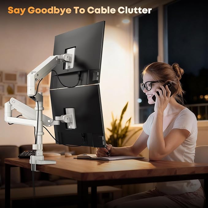 PUTORSEN 17-49”Premium Aluminum Heavy Duty Dual Monitor Arm for Ultrawide Screens up to 44lbs, Vertical Stacked Dual Monitor Desk Mount, Full Motion Dual Vertical Monitor Mount, VESA 75/100, White