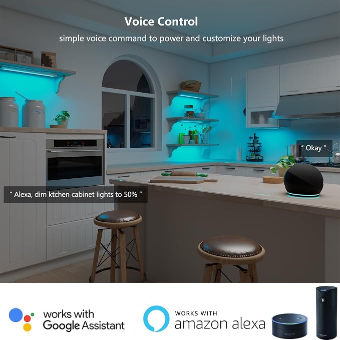 Smart Under Cabinet Lighting Plug In, RGB Multi Colored & White Work with Alexa, Google Assistant, APP, 12Inch Linkable LED Strip Lights Dimmable for Kitchen Counter, Shelf, Matte White Finished, 6PCS