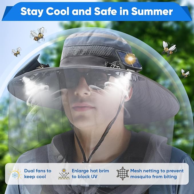 Wide Brim Sun Hat with Solar Fan, Solar Powered Fan Hat with Mosquito Head Net, Men & Women Cooling Cap for Outdoor