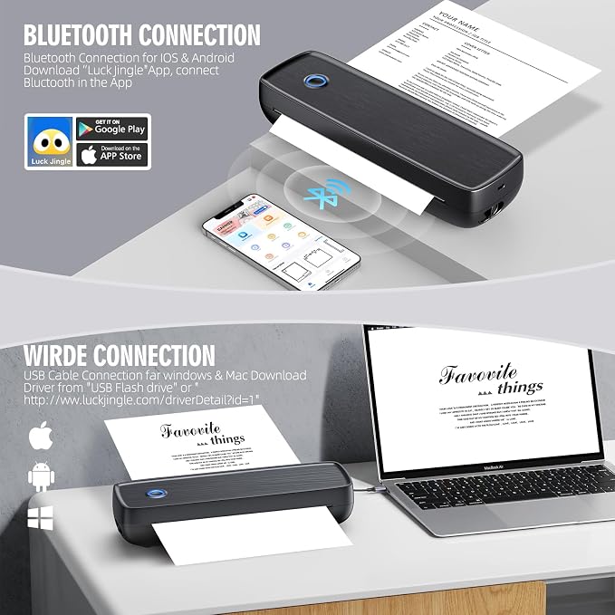 Portable Inkless Printer, Wireless Bluetooth Thermal Printer with 4200mAh Battery, Prints A4/A5/US Letter, High Resolution Mini Printer for Travel, Home Office & Mobile Printing