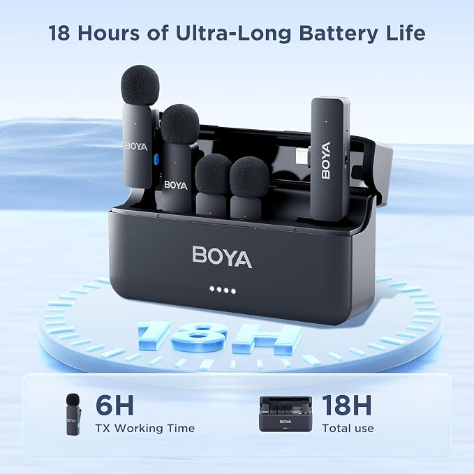 BOYA BY-V4U Wireless Lavalier Microphone for iPhone 15/16/17 & Type C, 4-Channel Lapel Mic with Charging Case, Plug & Play, Noise Cancelling, 18H Playback, for Video Content Creator