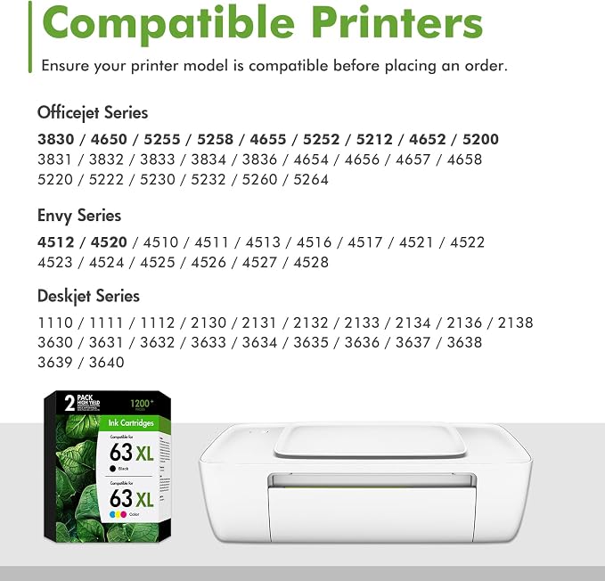 63 63Xl Ink Cartridge Combo Pack Replacement for HP63Xl Black and Color Work for HP Envy 4520 4512 Officejet 3830 4650 5258 5255 4655 5200 Deskjet 1112 2130 3630 Printer 2-Pack