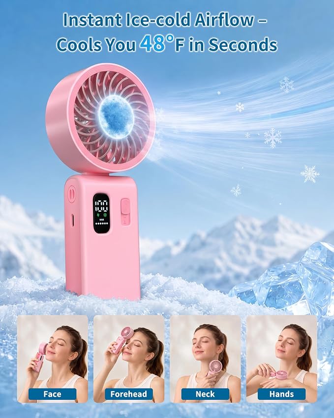 Portable Handheld Fan with Ice Cooling, 100 Speed Rechargeable Mini Desk Fan, Up to 12Hrs Cooling, Powerful Folding Personal Fan for Travel, Camping, Office (Pink)