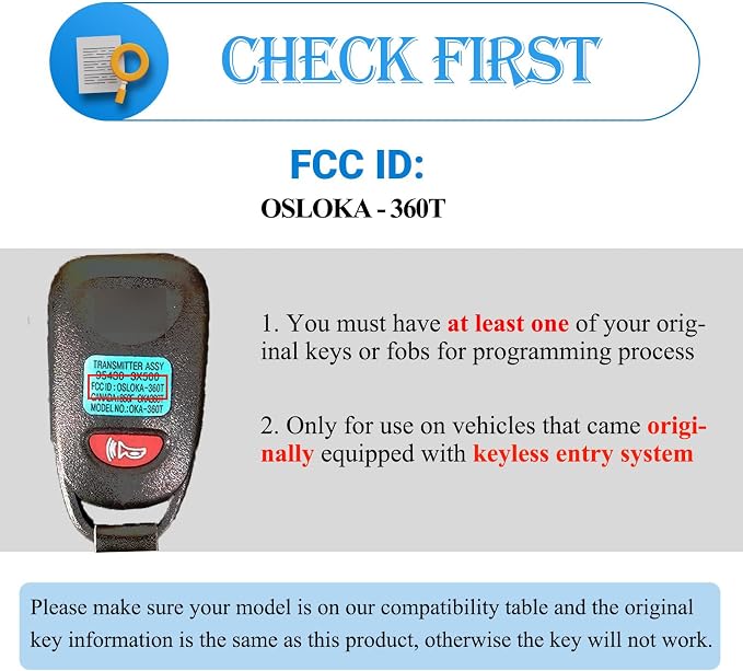 Keyless Entry Remote DIY Kit 4 Button Compatible with Hyundai Elantra 2007-2016. Sonata 2006-2014 (FCCID:OSLOKA-360T)