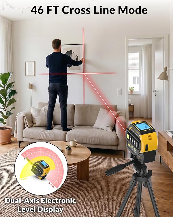TEPU Laser Tape Measure 4-in-1, 197FT Laser Distance Meter with 16FT Auto-Lock Tape, Cross-Line Laser Level, Dual-Axis Angle, Backlit LCD, Distance/Area/Volume, Pythagorean Theorem & Angle Measurement