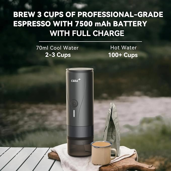 CERA+ PCM04A Portable Espresso Maker with 51mm Professional Coffee Basket, Self-Heating Travel Electric Espresso Machine for Ground Coffee, Camping, Hiking & Office (Not Compatible with NS Capsules)