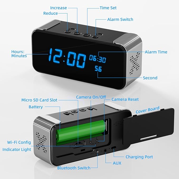 Wireless Security Mini Camera, 4K Full HD Nanny Cam with Alarm Clock and Bluetooth Speaker, Excellent Night Vision & Motion Detection Alarm, Mobile Phone Remote APP Control, Support 5G and 2.4G