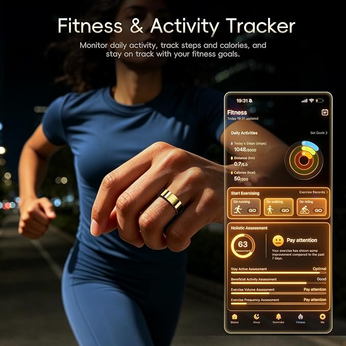 RQZ Smart Ring Fitness Tracker for Men Women, Sleep & Heart Rate Monitor, Step Counter with Vibration Alert, 5 ATM Waterproof, Compatible with iOS & Android Gold Size 10