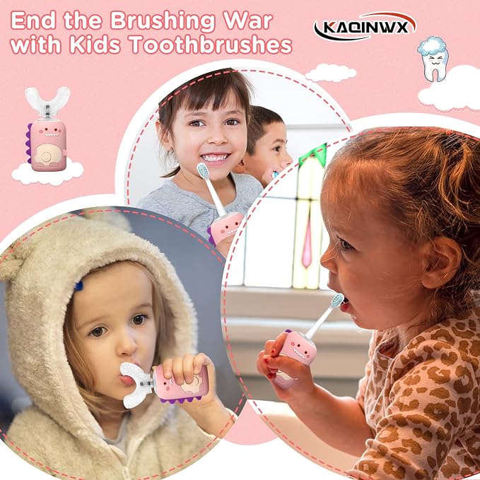 Kids U Shaped Electric Toothbrush for Age 2-12, Rechargeable Toddler Toothbrush with 60S Smart Timer, Dinosaur Design, IPX7 Waterproof & 360°Cleaning,Develop Kids' Brushing Habits
