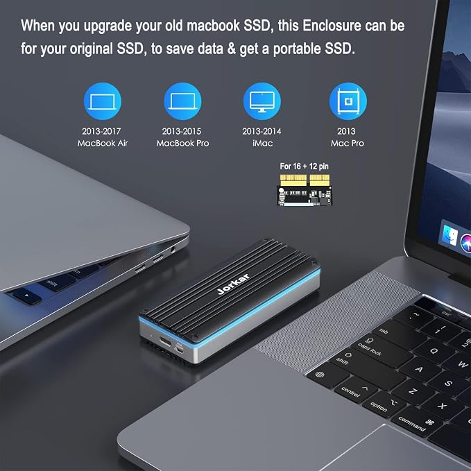 External SSD Enclosure USB-C 3.2 for 12+16 Pin MacBook SSD, Hard Drive Reader for A1466 A1465 A1502 A1398 SSDs Mac Air/Pro mid 2013-2017, Portable Aluminum SSDs Case with Indicator