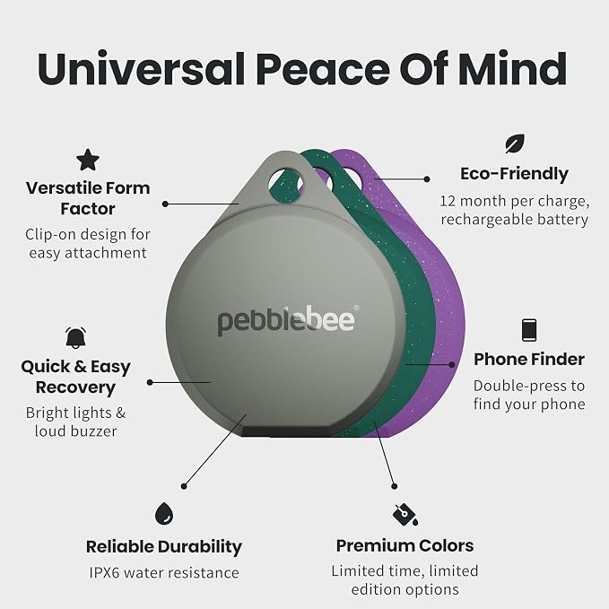 Pebblebee Rechargeable Item Tracker - Clip 5 & Link | 12 Month Battery Life | Compatible with iOS & Android Find My Apps | LED & Sound Alerts