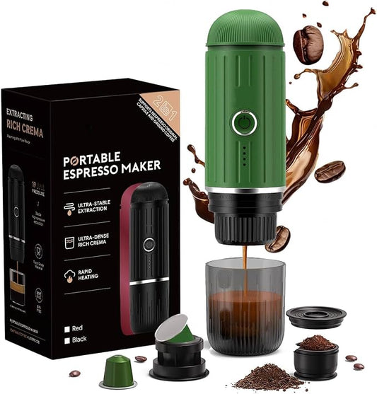 Portable Espresso Machine, 2-in-1 Hot/Cold Brew & Fast Self-heating with USB-C,Travel Coffee Maker with 7800mAh for Camping RV Hiking Compatible with NS Capsules & Ground Coffee Green