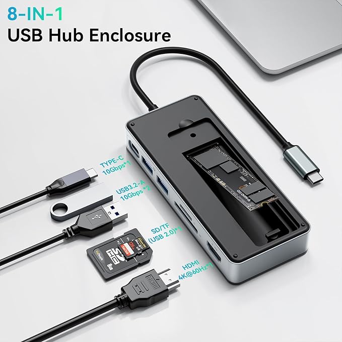 Yottamaster USB C Hub with M.2 NVMe SSD Enclosure, 8 Ports USB C HUB Adapter 10Gbps USB 3.2 Gen2, 4K@60Hz HDMI, 100W PD, SD/TF2.0 Card Reader for Windows, Mac [Diskless] - YM28P