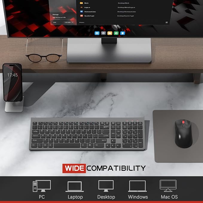 GAMCATZ Wireless Keyboard and Mouse Combo,Quiet Click,Full Size Design with Number Pad,Ergonomic Mouse with 5 DPI,Sleep Mode-2.4G Silent Portable Cordless Combo for Laptop/PC/Computer/Mac(Grey)