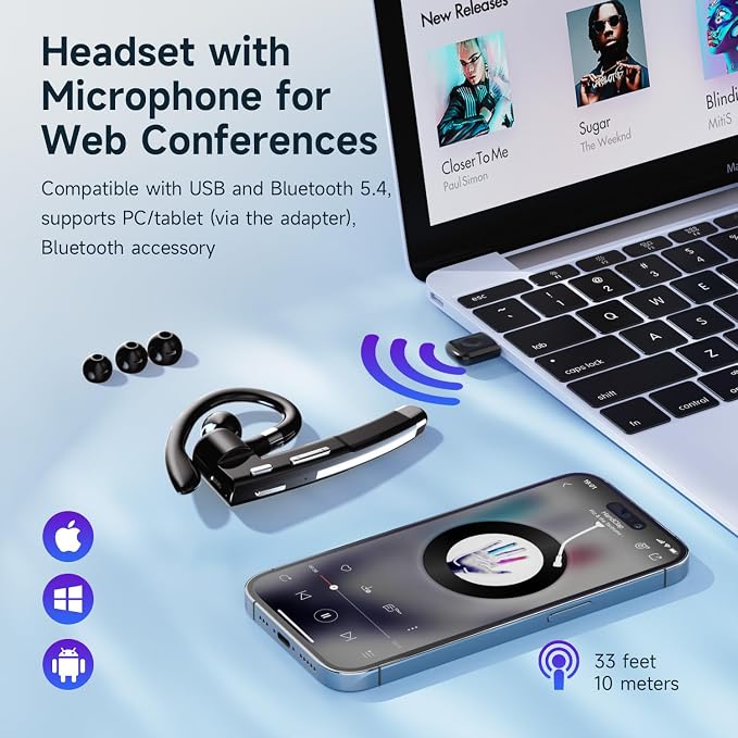 Boytond Bluetooth Earpiece V6.1,Single-Ear Bluetooth Headset with USB Dongle,10H Talk Time and 4H Playtime via USB,Wireless Handsfree Headset with Mic for Android,iOS,Laptop,Office,Truck Driver