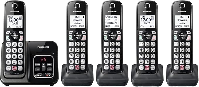 Panasonic Cordless Phone Bundle with Answering Machine, Advanced Call Block, Bilingual Caller ID and High-Contrast Display, Expandable System with 5 Handset Cordless Telephones