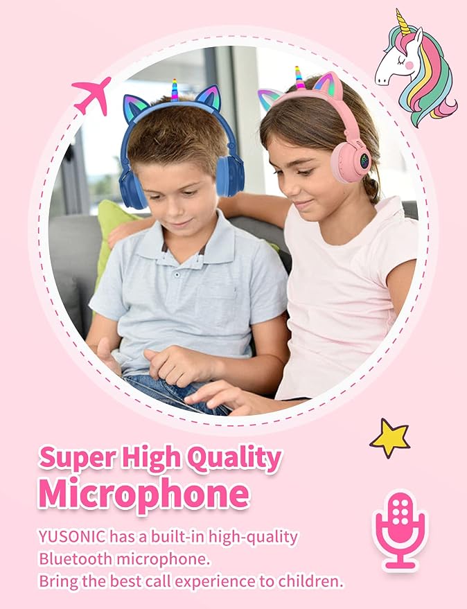 Unicorn Kids Headphones for Girls, Unicorn Bluetooth Headphones Foldable for Girls Toddlers Tablet/pad/Amazon fire,Light Up Kids Wireless Headphone Birthday Gifts (Pink 2)