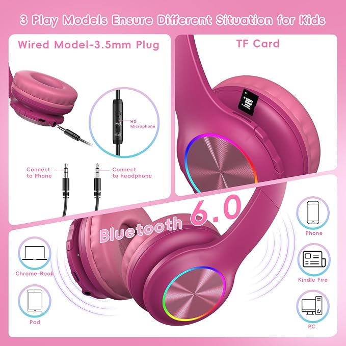 Candy Bila Kids Bluetooth 6.0 Headphones with LED Light, 85Hours Playtimes, Type-C Fast Charging, 85/94dB Volume Limited, Comfort Wireless Headphones with Built-in Mic, Wired & TF Card Mode, Hot Red