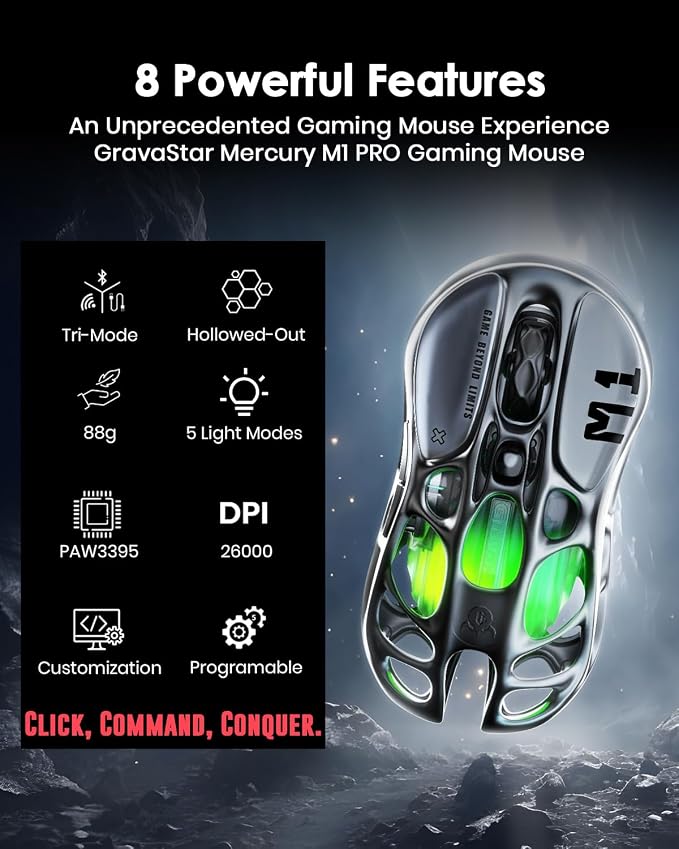 GravaStar Mercury M1 Pro Wireless Gaming Mouse – 26,000 DPI PAW3395DM Sensor • Lightweight Magnesium Alloy • Tri-Mode (Wired/2.4GHz/Bluetooth) • 4K Polling Rate • Up to 200-Hour Battery
