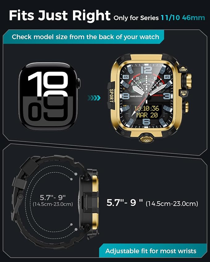 Goton Rugged Case and Band Kit with Screen Protector for Apple Watch 46mm, Compatible with Apple Watch Series 11/10, Full Body Shockproof Metal+PC Bumper Cover with Soft Band, 46mm Gold