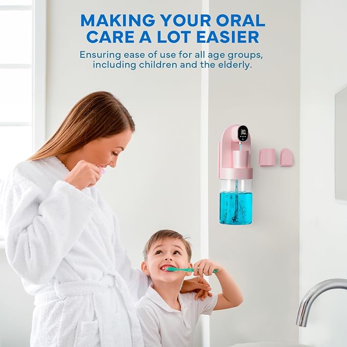 Automatic Mouthwash Dispenser for Bathroom, 21.12 oz Touchless Smart Mouth Wash Dispensers Bathroom Accessories Set with 4 Magnetic Cups, 4 Modes Wall Mounted Mouth Wash Dispenser for Home & Kids