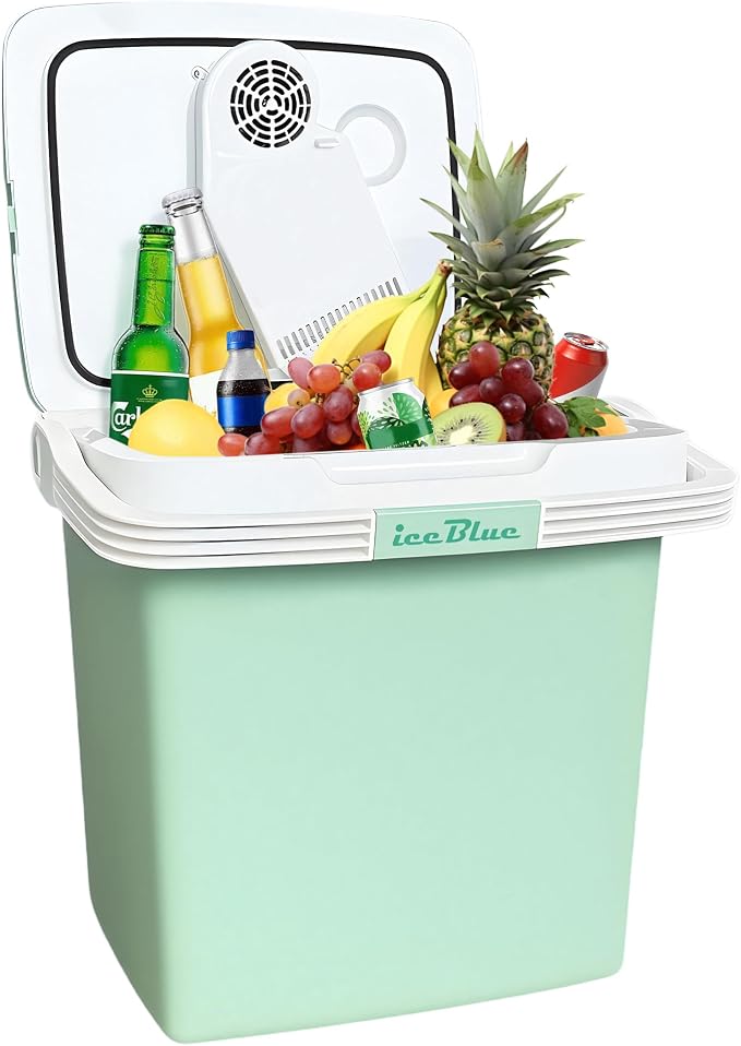 Iceblue Electric Cooler, 26 Liters/28 Cans Mini Fridge with Automatic Locking Handle, 120V AC Home Power Cord & 12V Car Adapter Car Refrigerator, Car Fridge for Home, Car, Gift - Green