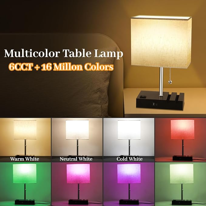 Smart RGB Dimmable Table Lamp Compatible with Alexa&APP&Remote Control, Bedside Desk Lamp with Charging Ports&Outlet&Phone Stand, Music Sync Nightstand Lamp for Bedroom Living Room Office Dorm, Beige
