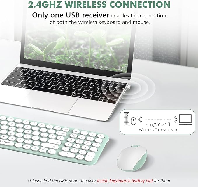 Wireless Keyboard and Mouse, XTREMTEC Compact Full Size Cute Keyboard Retro Round Keycap - 2.4GHz Ultra-Slim Quiet Aesthetic Keyboard for Laptop iMac Windows Computer (Macaron Green A)