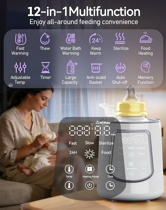 12 in 1 Fast Baby Bottle Warmer with Even Heating No Hot Spots, Night Mode, Sterili-zing,Constant Temp Milk Warmer for Breastmilk & Formula, Fits All Bottles Lt-Gray