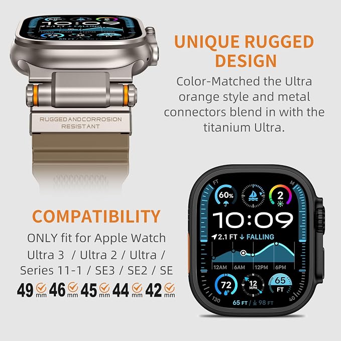 FOAMUNOC Rugged Band Compatible with Apple Watch Ultra 3/2/1 Band 49mm/46mm/45mm/44mm/42mm, Metal Connector with Strap for iWatch Ultra Series 11/10/9/8/7/6/SE3/SE2/SE/5/4/3/2/1, Desert Tan/Titanium