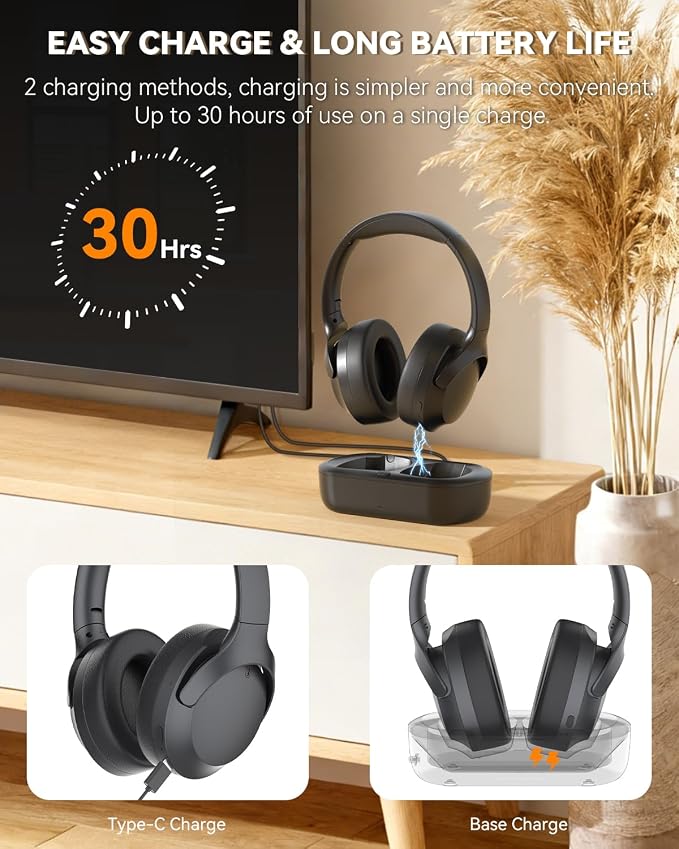ANSTEN Wireless Headphones for TV Watching with Digital Optical RCA AUX 3.5 MM Transmitter Charging Dock, Over Ear Headset for Seniors, Bluetooth Headphones No Delay, 30 Hrs Playtime, Plug and Play