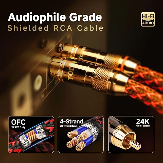 TODN 16.4ft HiFi RCA Stereo Cable Shielded Interconnect for Home Audio | 4-core-OFC, Ferrite Bead, Noise Reduction, 24K Gold-plated Plug, RCA to RCA, L/R Channel, for CD/Turntables/Phono/Amp/Sub