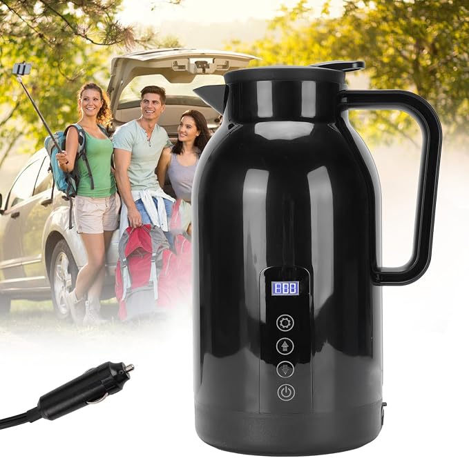 Car Kettle, 1300ml Stainless Steel Leak Proof Travel Electric Hot Water Boiler with LCD Display for Drivers Business Travelers, 12V 24V