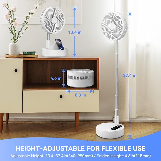 9.5" Portable Standing Oscillating Fan with Remote - 10000mAh Rechargeable Battery Tall Floor Foldable Travel Fan for Sleeping - Pedestal Stand up Folding Fan for Home Bedroom (White)