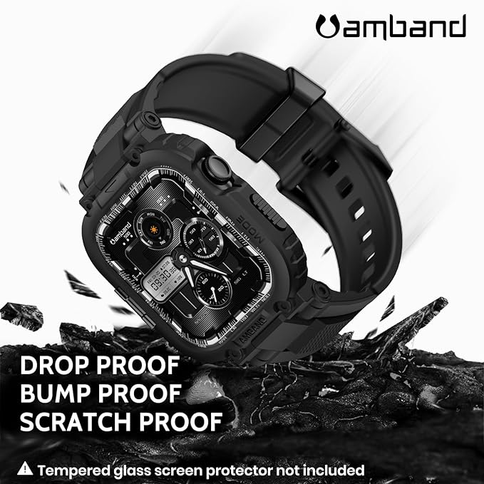 amBand Compatible with Apple Watch Series 11/10 42mm Bands Case for Men, M1 Sport Rugged Heavy Duty Protective Cover Tactical Strap Military Protector Bumper for iWatch Accessories 42 mm - Black