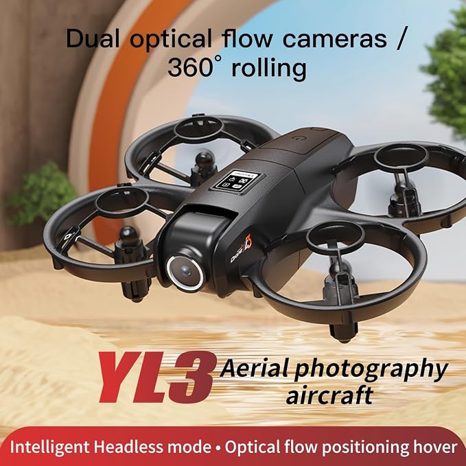 ikaufen YL3 Mini Drone with Dual Camera, Optical Flow Hover, 50X Zoom, 360° Stunt Roll, RC Quadcopter for Kids & Beginners with Screen Remote Control (YL3 screen control Black)