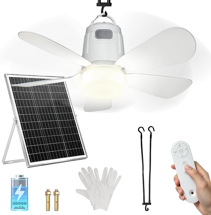 Solar Ceiling Fan 20'', 20000mAh Battery Portable Ceiling Fan with 30W Solar Powered, Remote & Hanging Hook, 3000k-6000k Dimmable Solar Fans for Outside, Tent, Gazebo, Canopy, RV, Chicken Coop