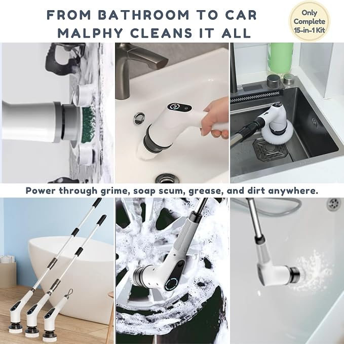 15-in-1 Electric Scrub Brush Cordless, Power Scrubber for Bathroom Tile Grout Cleaning, Waterproof Cleaning Brush with Extension Handle, 3 Speed Electric Cleaning Tools - Malphy