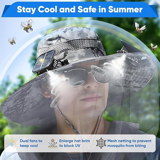 Wide Brim Sun Hat with Solar Fan, Solar Powered Fan Hat with Mosquito Head Net, Men & Women Cooling Cap for Outdoor