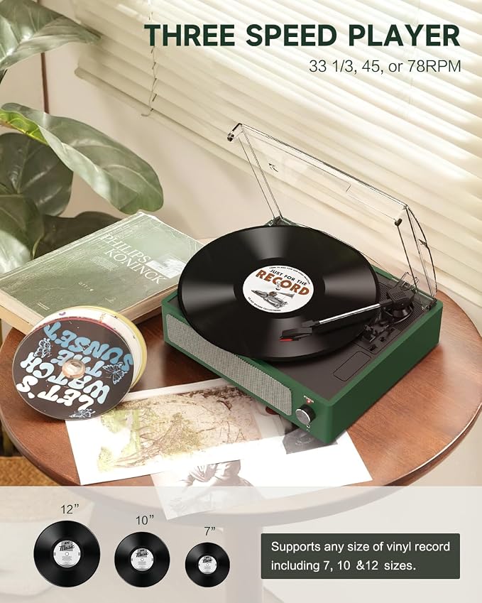 Vinyl Record Players Turntable with Speakers Wireless Receiver 3 Speed RPM LP Phonograph Belt-Driven Headphone AUX RCA Auto Stop All-in-one Turn Table for Beginners Collectors Grass Green