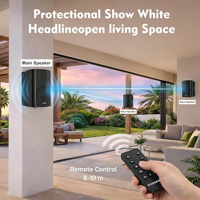 STUDIOFINIX 4 Inch 200W Indoor/Outdoor Bluetooth 5.1 Waterproof Wall-Mounted Speakers, Wireless Multi-Speaker Sync with IR Remote, for Patio, Garage, Home, Backyard(401BLE,Black,Pair)