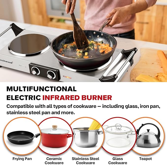 Techwood Electric Stove, Double Infrared Ceramic Hot Plate for Cooking, Two Control Cooktop Burner, Portable Anti-scald handles Suitable for Office/Home/Camp Use, 1800W Compatible for All Cookwares
