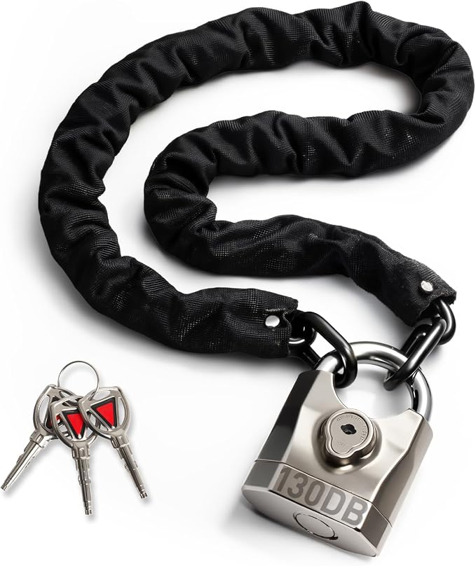 Bike Chain Lock with Alarm 130dB, Heavy Duty Motorcycle Locks Anti Theft 3.3FT, 8mm Hardened Steel Chain with Mini U Lock for Bicycle, Motorcycle, Scooter, Gate