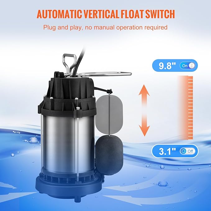 VEVOR 1/2 HP Sump Pump Submersible, Sump Pump with Stainless Steel Surface, 10 ft Power Cord, 1-1/2" NPT Discharge, Automatic Float Switch, for Indoor&Outdoor Water Drain
