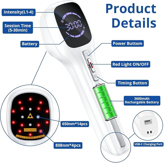 Red Light Therapy Device for Humans & Dogs, Infra Red Light Therapy for Body Pain Relief, Handheld Cold Laser Therapy Device for Joints and Muscle Pain (4x808nm + 14x650nm）