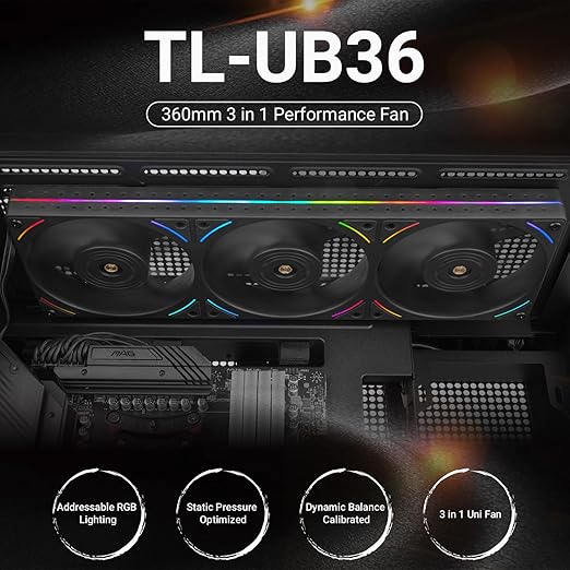 Thermalright TL-UB36 CPU Fan 120mm Case Cooler,PWM Connector Silent Computer Cooling,Low Noise 27dba,360x120x25mm,3 Pack PC Fans,Black